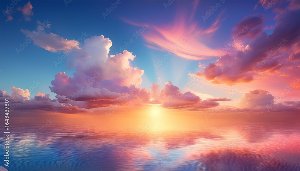 Naklejka premium colorful sunset sky with radiant sun and pastel clouds dreamy atmosphere naturers canvas