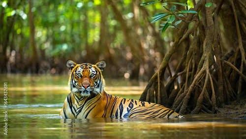 Majestic bengal tiger resting in shallow water of a lush mangrove forest