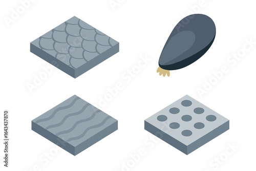 Bioinspired materials isometric icon set. Biomimicry concept with deep-sea elements. Sharkskin surface pattern, mussel adhesion for science and technology vector design.