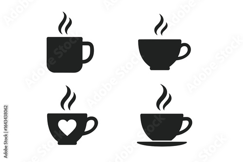 Coffee mug vector icons and tea cup silhouette set. Hot drink symbols with steam and heart. Cafe elements for logo, infographic, and website. Coffee shop branding design.