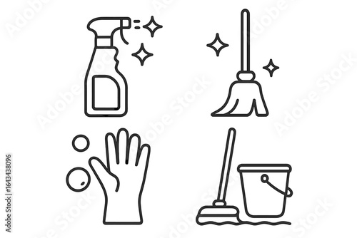 Cleaning and Maintenance Outline Icons Set of 4 – Hygiene, Upkeep, Disinfection, and Sanitation Symbols, Vector Illustration on Transparent Background