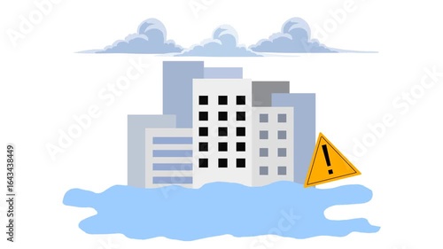 Animation of a city in the rain and flood warning