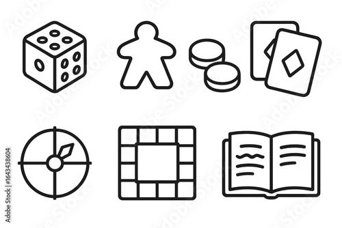 Tabletop gaming icons. Outline vector set of classic board game components. Dice, meeple, player pawn, tokens, cards, spinner, board, and rulebook symbols isolated.