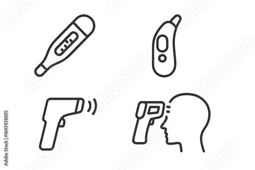 Body temperature icon set. Vector outline icons of medical thermometers for fever check. Digital, ear thermometer, non-contact infrared gun for forehead scanning. Health care.