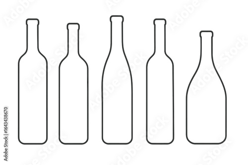 Diverse wine bottle outline collection on white background, vector illustration set of transparent bottle shapes for design and labeling