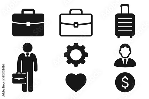 Business icon set vector glyph. Businessman with briefcase, luggage for travel, gear for process, heart for passion and dollar for finance. Solid black pictogram collection.