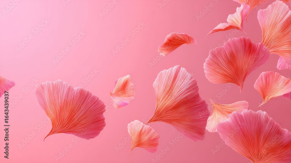 Fototapeta premium Delicate pink ginkgo biloba leaves floating in the air.