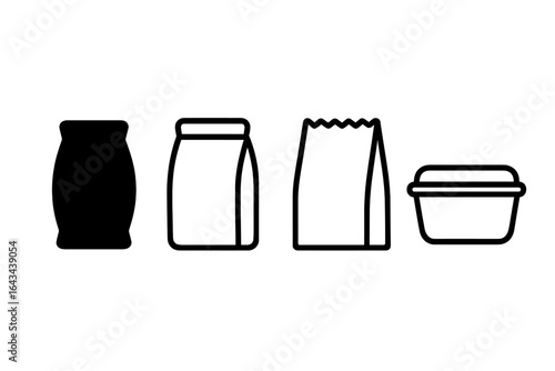 Food Packaging Outline Icons Set of 4 – Silhouette Flat Bags and Container Symbols, Vector Illustration on Transparent Background for Food Storage and Packaging Design
