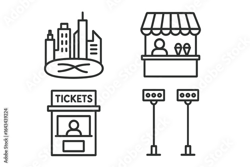 Urban ice rink vector icons set including outdoor skating rink features, city skyline, vendor kiosk, ticket booth, rink lights, winter sports symbols, outline style illustration