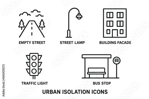 Urban Isolation Outline Icons Set with Empty Street, Street Lamp, Building Facade, Traffic Light, and Bus Stop Vector Illustration for Cityscape Design