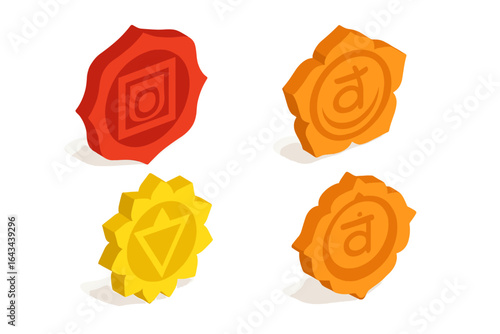 Chakra symbols isometric icon set. Root, sacral, solar plexus chakras. Flat 3D vector signs for yoga, meditation, spiritual balance, reiki healing, and energy flow.