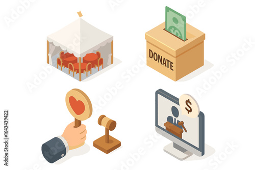 Charity auction and fundraising isometric icon set. Donation and benefit event concept. Includes gala tent, donation box, auction paddle, gavel, and online bidding.
