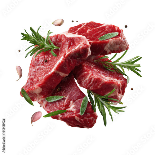 Location symbol made of raw beef meat steaks with garlic and rosemary, isolated on a white and transparent background.