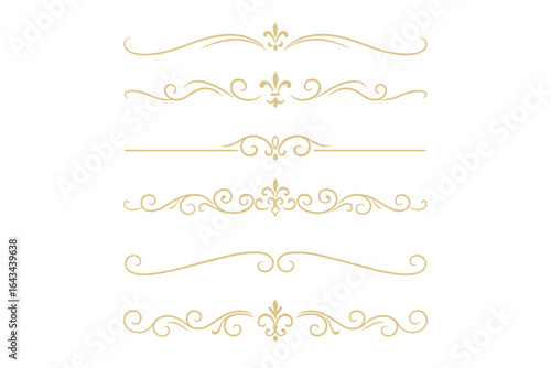 Elegant golden ornamental line borders and dividers. A vector set of vintage calligraphic swirls and scrolls. Luxury filigree for wedding invitations or certificate design.