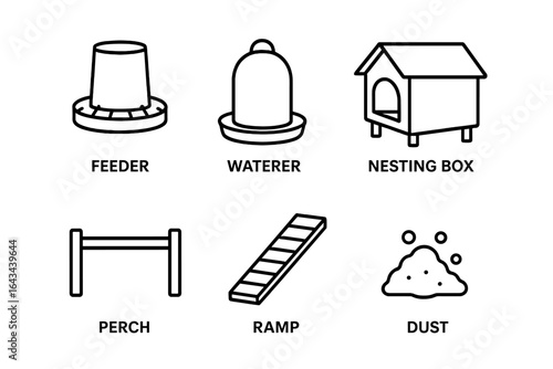 Chicken coop essentials icon set. Poultry farming equipment line icons. Vector symbols for homesteading: feeder, waterer, nesting box, perch, ramp, and dust bath.