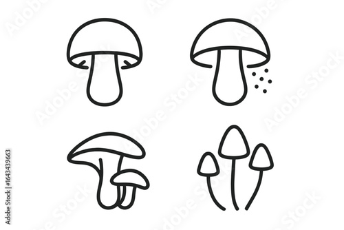 Mushroom and fungi line icons set of 4 – outline spore and mycology symbols for nature, biology, forest and ecology projects, vector illustration on transparent background