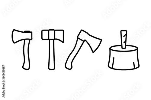 Chopping tools icon set. Axe, hatchet, splitting maul and wedge on a block. Woodworking and lumberjack equipment. Forestry, logging and firewood concept vector line art.