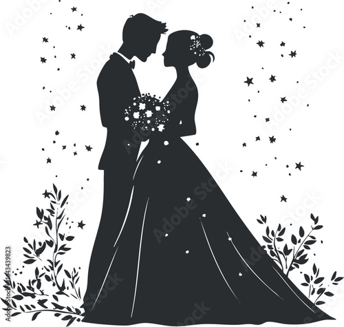 Silhouette of a bride and groom in wedding attire embracing romantically surrounded by floral decorations and stars.