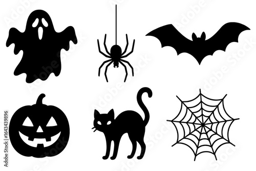 Halloween silhouette set. Spooky icon collection. Ghost, spider, bat, pumpkin, cat, web. Creepy vector graphics for festive decor, design elements, and party invitations.
