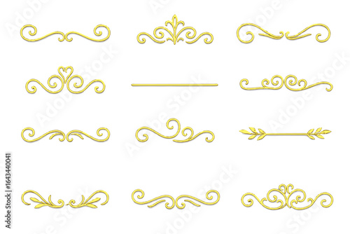 Set of golden decorative dividers. Elegant vintage flourishes and ornamental lines. Luxury calligraphic swirls, borders and separators for classic wedding invitations. Vector.