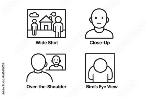 Cinematic camera angles icon set. Filmmaking and videography basics. Wide shot, close-up, over-the-shoulder, bird's eye view types. Vector line icons for tutorial.