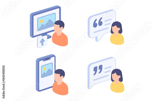 User Content Icon Set, Isometric Flat Icons of Customer Photo Upload, Mobile Image Sharing, Testimonial Quotes, Social Media Interaction, Vector Transparent Illustration