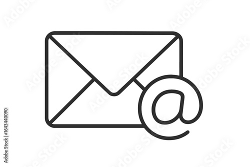 Email icon line art. Minimalist envelope and at symbol vector illustration for communication. Digital outline design for web. Simple modern technology messaging contact symbol.
