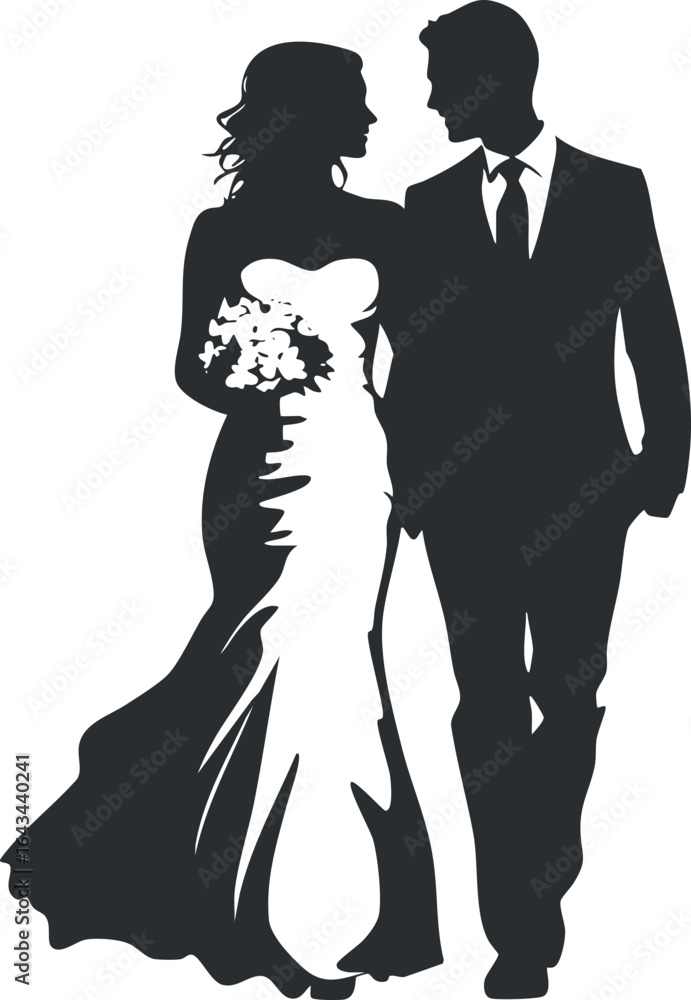 custom made wallpaper toronto digitalSilhouette of a bride and groom walking together on their wedding day, dressed in formal attire.