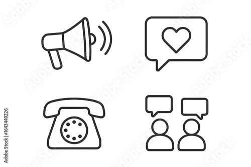 Communication and media line icons set. Vector outline symbols for social interaction, dialogue, love message, announcement, and phone call. Isolated minimal illustration.