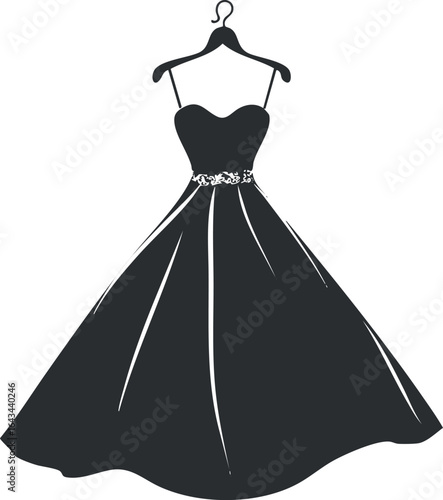 Elegant black evening gown with a fitted bodice and flared skirt on a hanger for formal occasions