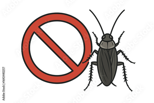 No cockroach warning sign vector. Pest control symbol, insect extermination concept. Roach forbidden icon for hygiene promotion. Isolated illustration on white background.