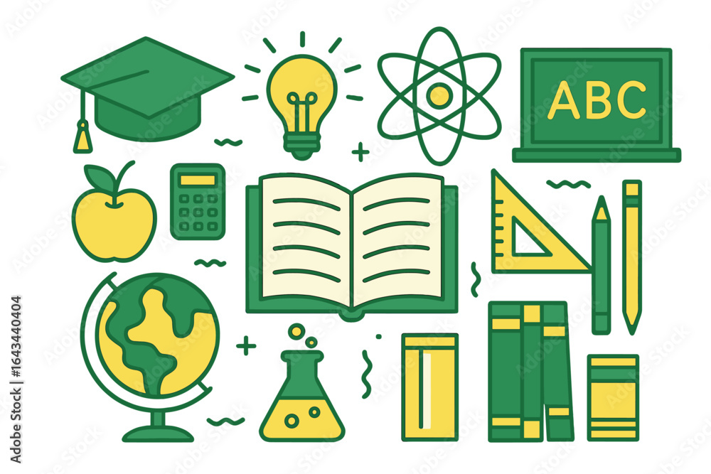 Fototapeta premium Education and school icon set. Learning, science, and knowledge symbols. Back to school concept with graduation cap, book, globe, atom, and calculator vector icons.