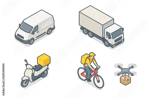 Isometric Vehicle Fleet Delivery Icons Set with Van, Cargo Truck, Motorcycle Courier, Bicycle Rider, and Delivery Drone, Flat Design Vector Illustration