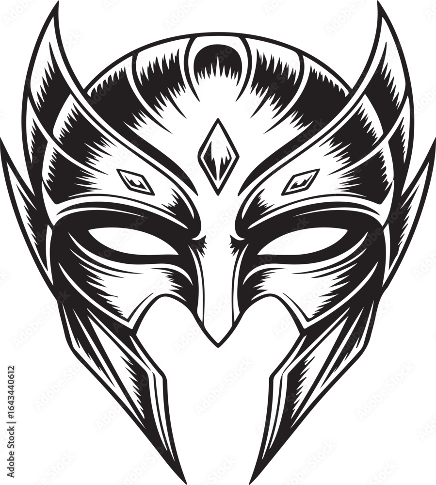 Fototapeta premium Black and white stylized warrior or superhero mask with sharp angles fantasy villain