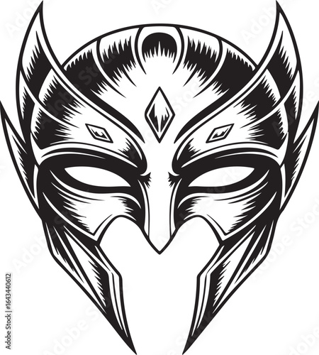 Black and white stylized warrior or superhero mask with sharp angles fantasy villain