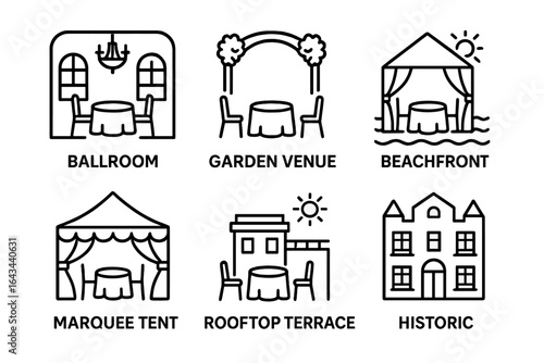 Venue Icon Set Collection. Outline Vector Icons of Popular Event Venues Including Ballroom, Garden Venue, Beachfront, Marquee Tent, Rooftop Terrace, and Historic Building. Transparent Background