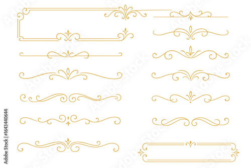 Set of golden ornamental line borders and elegant dividers. Vintage filigree swirl elements. Luxury calligraphic flourish for wedding invitation, certificate, or menu.