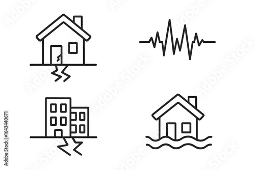 Earthquake and flood icon set. Natural disaster linear symbols. Vector outline pictogram of house damage, seismic wave, building collapse. Emergency crisis concept.