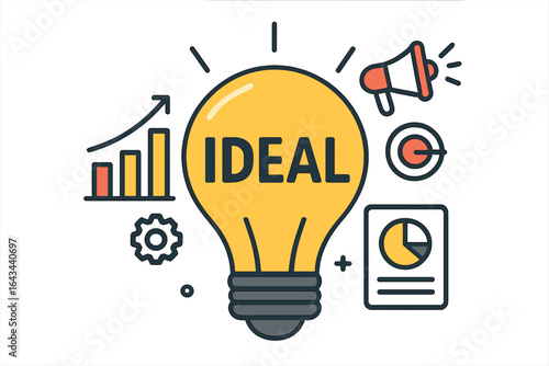 Ideal business idea concept. Lightbulb with marketing, advertising, and growth icons. Vector for web, print, and branding. Strategy, analysis, and success illustration.