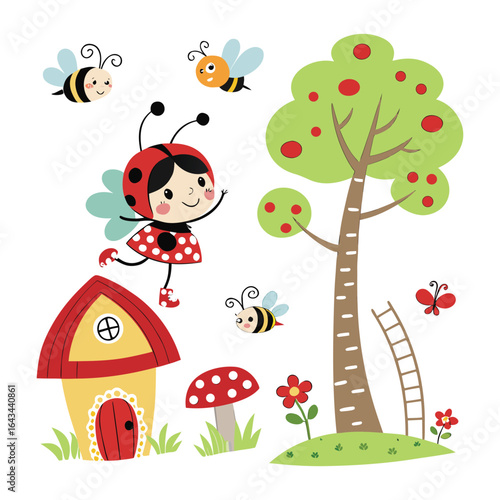 A cute cartoon vector illustration of a spring landscape with colorful birds on a tree and flowers, perfect for children