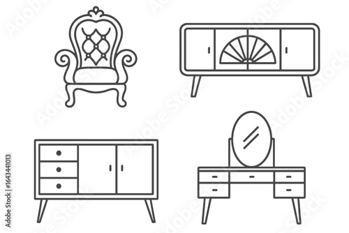 Vintage Furniture Icons Outline Set with Victorian Armchair and Art Deco Credenza Retro Style Antique Home Decor Vector Illustration