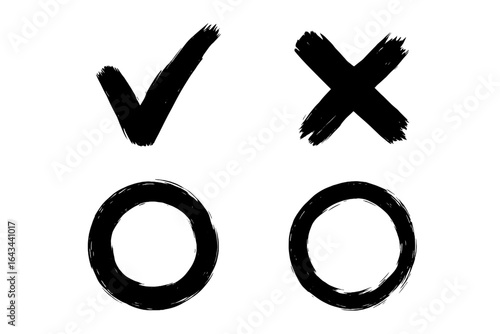 Hand drawn check mark, cross, and circle brush strokes. Grunge style icons in black ink. Vector illustration of abstract symbols, artistic markers, and unique shapes.