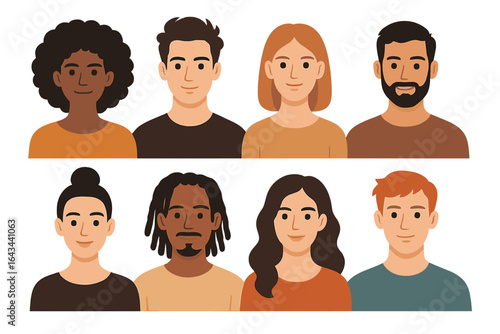Diverse people face set. Men women character constructor. Multicultural avatars collection. Various hairstyles features. Team identity visuals. Vector illustration portrait.