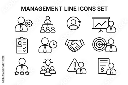 Management line icons set. Business concepts, corporate strategy, human resources, project management vector symbols. Leadership, teamwork, finance, and productivity outline pictograms.