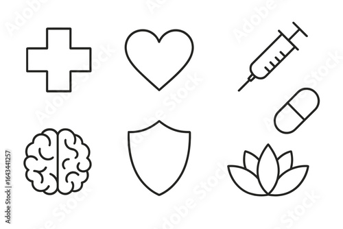 Medical and healthcare icon set. Line art vector symbols for medicine, health, and wellness. Includes cross, heart, syringe, pill, brain, shield, and lotus flower icons.