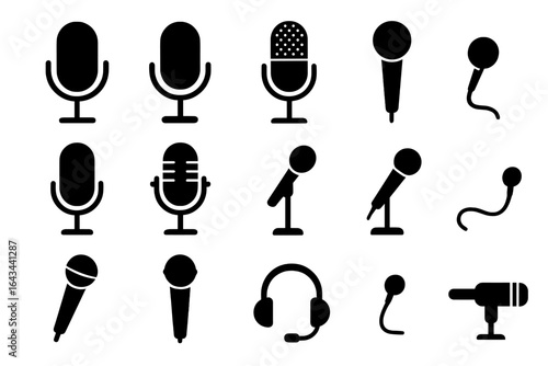 Set of microphone icons. Diverse mic designs in black silhouette. Vector graphic for podcast, recording, music, broadcast, interview, studio, voice, sound, audio symbol.