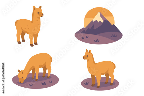 Isometric alpaca icon set. Flat vector collection of cute llamas grazing in a mountain meadow at sunset. Wildlife animal characters and nature landscape illustration.