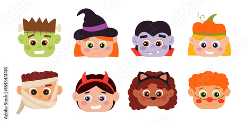 Happy Halloween children faces in cute costumes. Flat vector avatars set for holiday and party design.