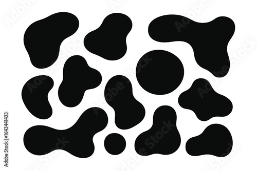 Vector collection of black liquid shapes and ink blobs. Irregular organic spots for modern minimalist design. Cow print or dalmatian pattern. Amorphous graphic elements.