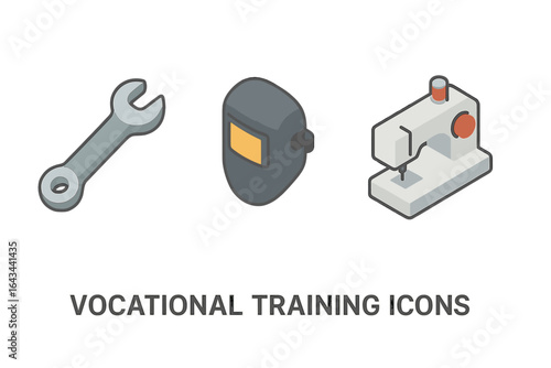 Isometric Vocational Training Icons Set with Wrench, Welding Mask, and Sewing Machine for Technical and Skilled Trades Education Vector Illustration